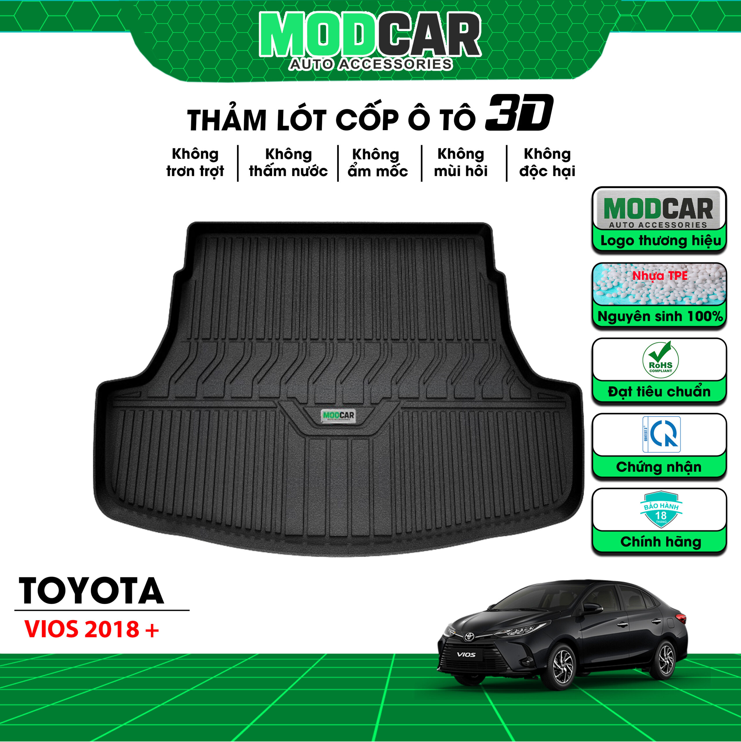 Thảm lót cốp ô tô Toyota Vios nhựa TPE Modcar - Ảnh 2