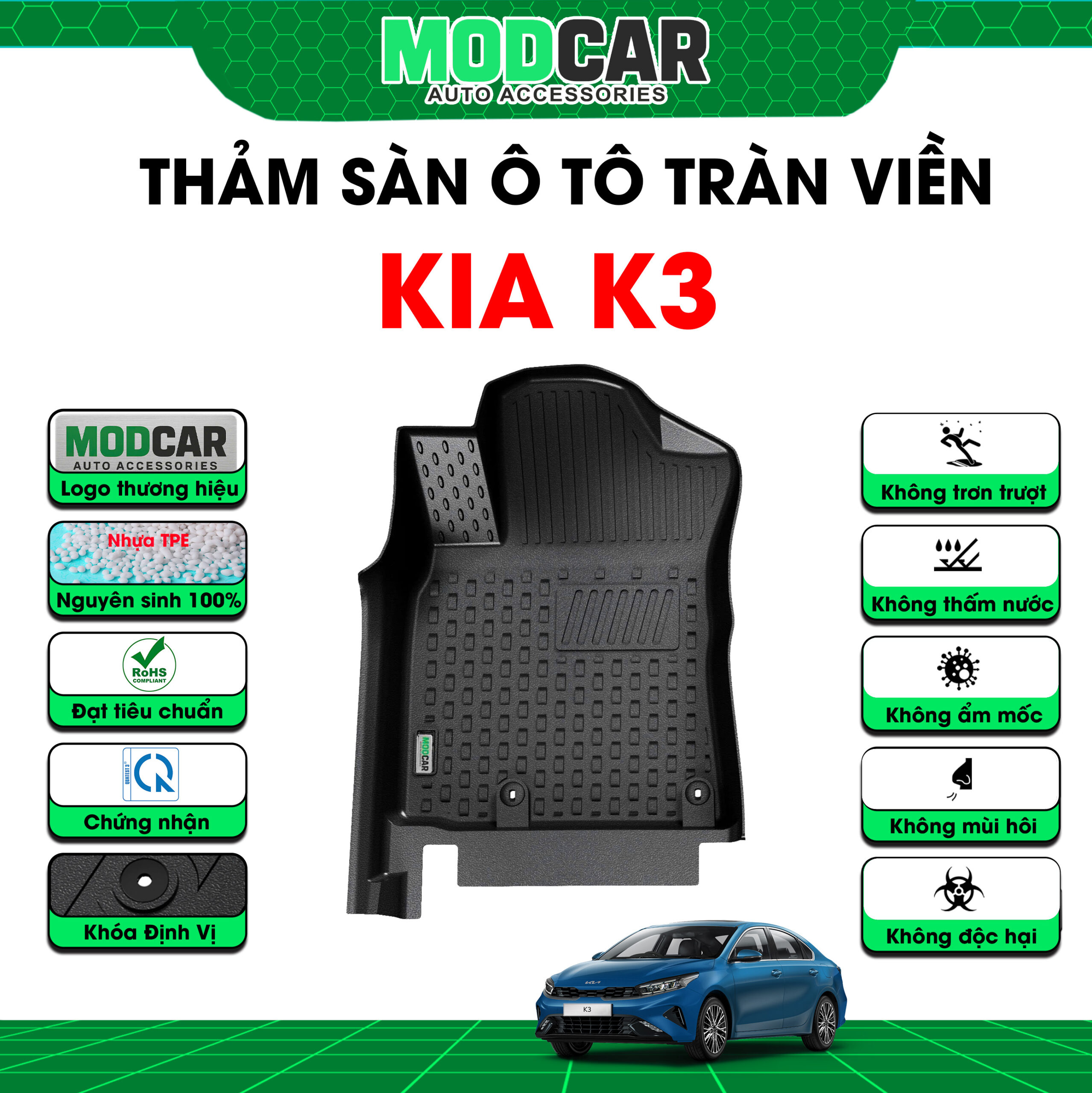 Thảm lót sàn ô tô Kia K3 tràn viền bậc cửa Modcar - Ảnh 3