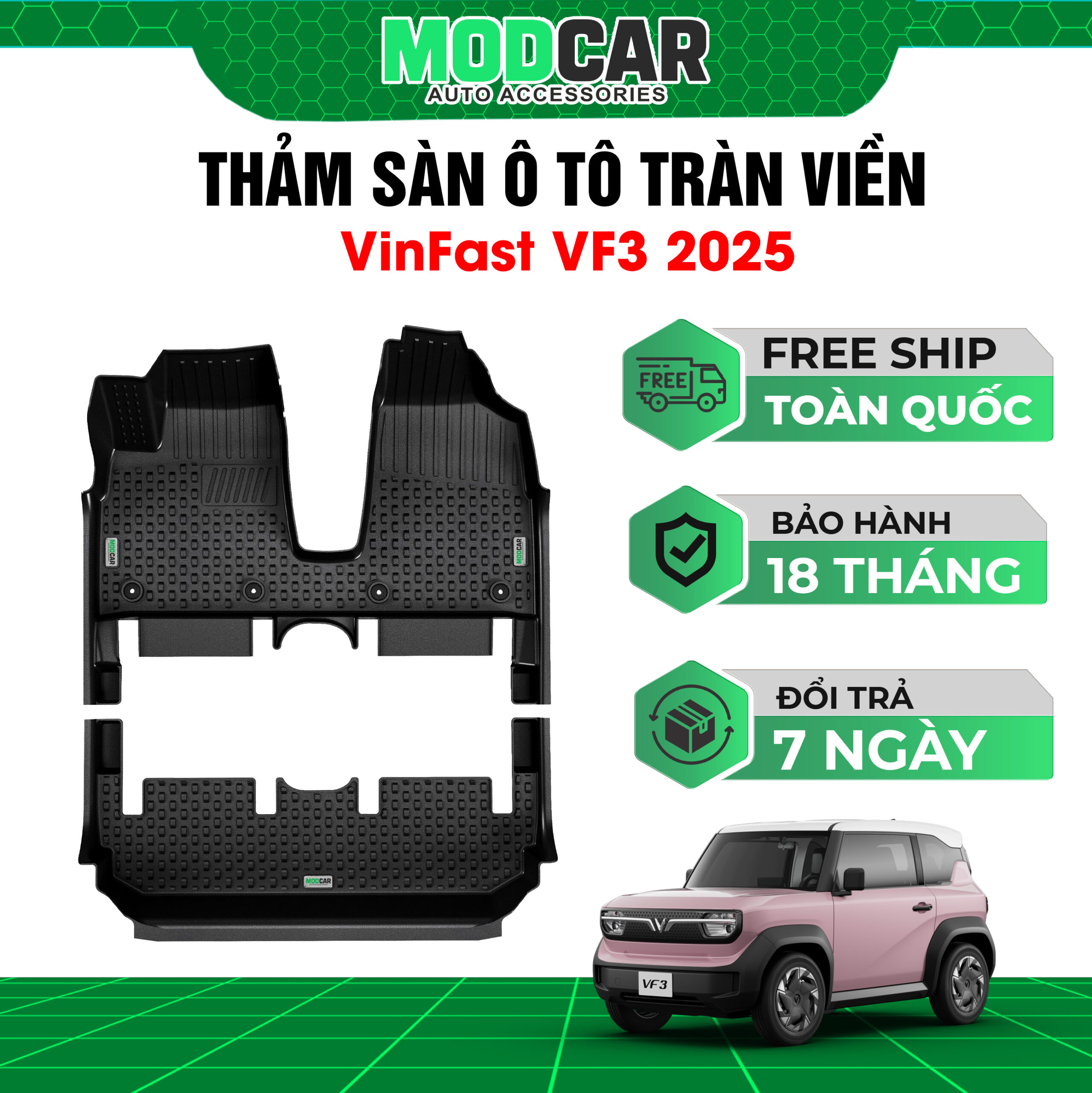 |Tặng lót cốp|Thảm lót sàn ô tô Vinfast VF3 tràn viền bậc cửa Modcar