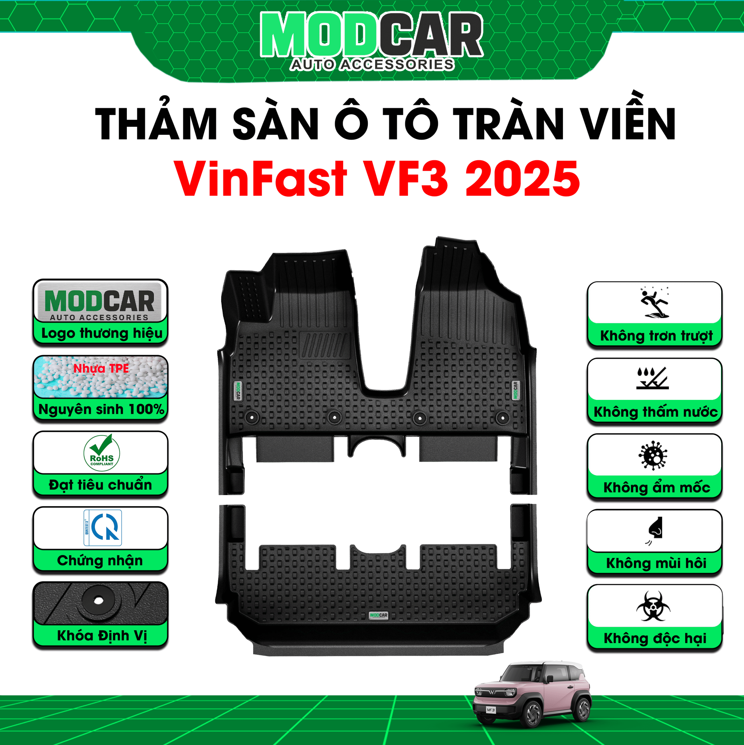 |Tặng lót cốp|Thảm lót sàn ô tô Vinfast VF3 tràn viền bậc cửa Modcar - Ảnh 2